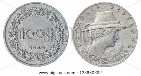1000 Kronen 1924 Coin Isolated On White Background, Austria
