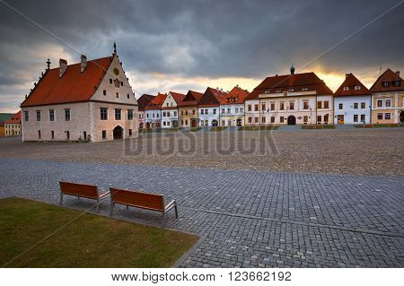 BARDEJOV, SLOVAKIA - MARCH 19, 2016: City hall in the main square of UNESCO listed medieval town of Bardejov in eastern Slovakia on March 19, 2016.