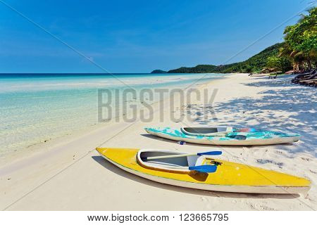 Kayaks at the tropical beach at Phu Quoc island  in Vietnam
