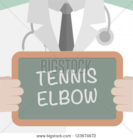 minimalistic illustration of a doctor holding a blackboard with Tennis Elbow text, eps10 vector