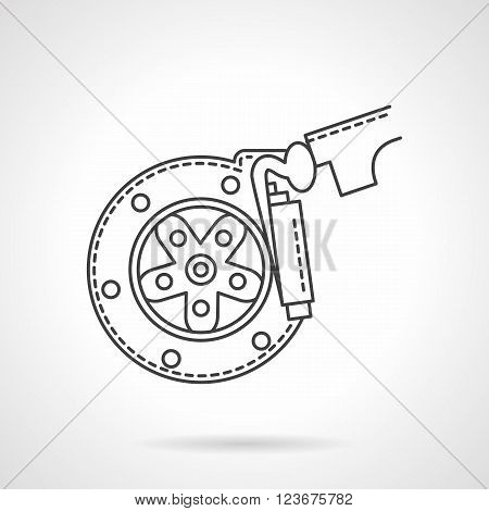 Automobile braking system. Wheel disk with brake pads. Repair service for car and spare parts. Flat line style vector icon. Single design element for website, business.