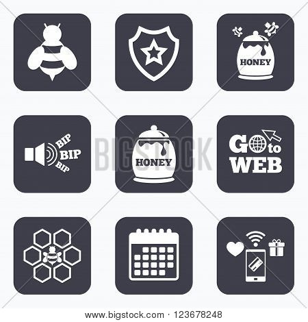 Mobile payments, wifi and calendar icons. Honey icon. Honeycomb cells with bees symbol. Sweet natural food signs. Go to web symbol.