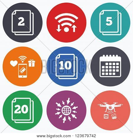 Wifi, mobile payments and drones icons. In pack sheets icons. Quantity per package symbols. 2, 5, 10 and 20 paper units in the pack signs. Calendar symbol.