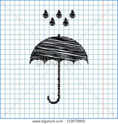 Umbrella with water drops. Rain protection symbol. Flat design style with scribble effect.
