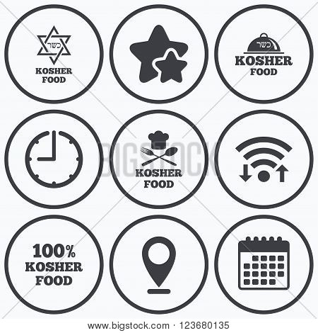 Clock, wifi and stars icons. Kosher food product icons. Chef hat with fork and spoon sign. Star of David. Natural food symbols. Calendar symbol.