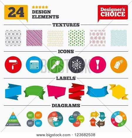 Banner tags, stickers and chart graph. Paint roller, brush icons. Spray can and Spatula signs. Wall repair tool and painting symbol. Linear patterns and textures.