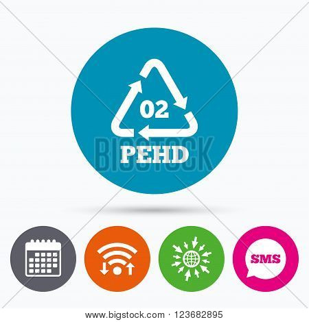 Wifi, Sms and calendar icons. Hd-pe 02 icon. High-density polyethylene sign. Recycling symbol. Go to web globe.