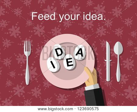 Hand holding a plate with IDEA lettered eggs on it, abstract concept. You can remove the text above and use it on your purpose.