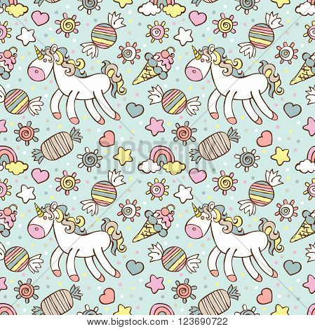 Unicorn. Ice cream, candy. Rainbow and cloud. Sprockets, hearts and circles. Vector seamless pattern (background).