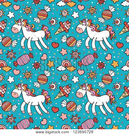 Unicorn. Ice cream, candy. Rainbow and cloud. Sprockets, hearts and circles. Vector seamless pattern (background).