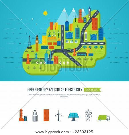 Flat green energy, ecology, eco, clean planet, urban landscape and industrial factory buildings concept vector icon banners template set. Infographic energy template design
