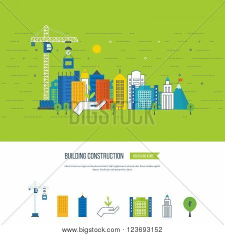 Flat design vector concept illustration with icons of building construction and urban landscape. Real estate concept illustration. Cityscape background. Color line icons