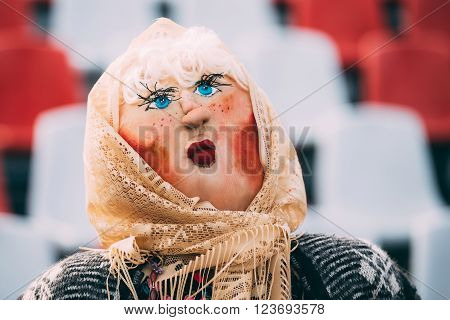 Attribute of traditional folk celebration of Maslenitsa - effigy out of straw, decorated with pieces of rags. Maslenitsa effigy is to be incinerated, representing farewell to winter and coming of spring