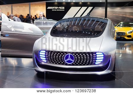 GENEVA, SWITZERLAND - MARCH 1: Geneva Motor Show on March 1, 2016 in Geneva, Mercedes-Benz F 015 Concept Vehicle, front view