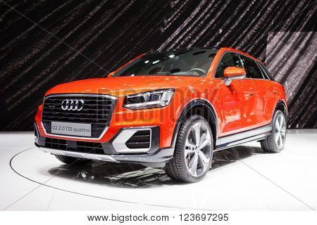 GENEVA, SWITZERLAND - MARCH 1: Geneva Motor Show on March 1, 2016 in Geneva, Audi Q2, front-side view