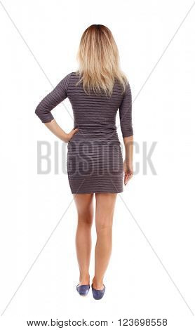 back view of standing young beautiful  woman.  girl  watching. Rear view people collection.  backside view of person. Put his right hand into the side of the girl in a brown dress looks ahead.
