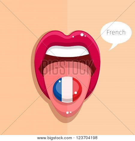 French language concept. French language tongue open mouth with French flag, woman face. Flat design, vector illustration.