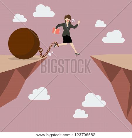 Business woman jumps the abyss with the weight. Business concept