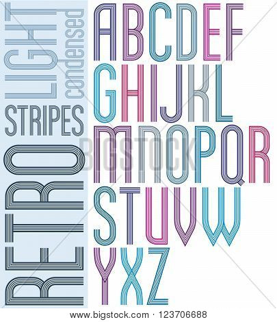 Poster retro light striped font bright condensed geometric uppercase letters on white background.