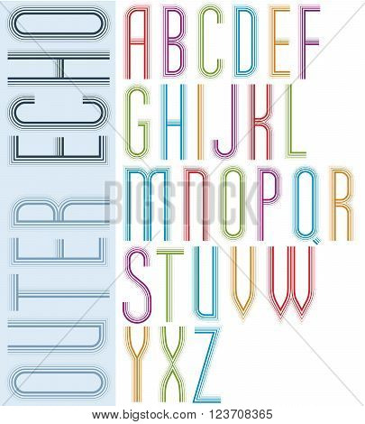 Poster echo light striped font bright condensed geometric uppercase letters on white background.