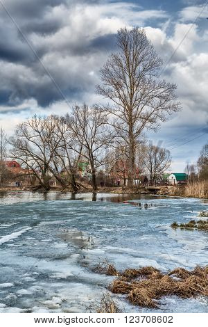 Lake under ice at winter, Sofrino, Moscow region, Russia