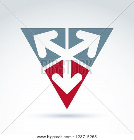 Vector abstract emblem with three multidirectional arrows placed in isosceles triangles. Conceptual corporate symbol pyramid icon.