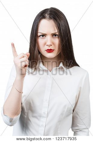 Young angry woman threaten finger isolated on white background
