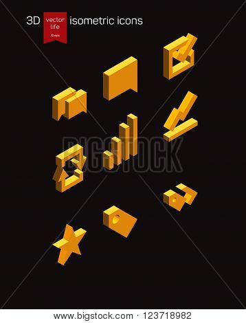 Isometric alphabet font. Gold isometric typography. 3D isometric letters for web and mobile device