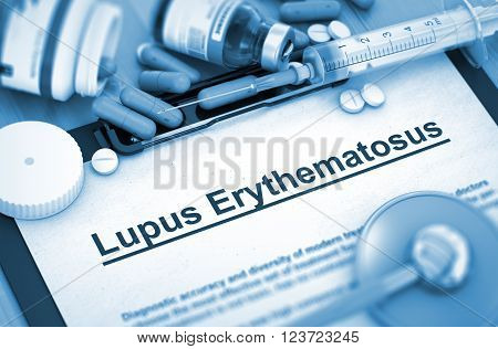 Lupus Erythematosus - Medical Report with Composition of Medicaments - Pills, Injections and Syringe. Lupus Erythematosus, Medical Concept with Selective Focus. Toned Image. 3D Render.