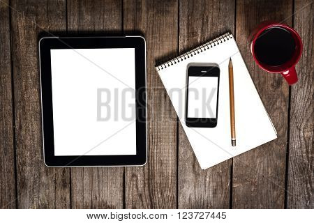 Stilllife With Red Cup, Computer Tablet Near Smartphone And Pencil On Scetchbook On Wooden Table