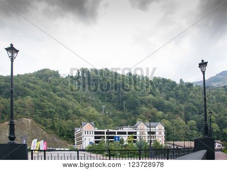 Clock Tower – The Symbol Of The Ski Complex Rosa Khutor, October 7, 2015.