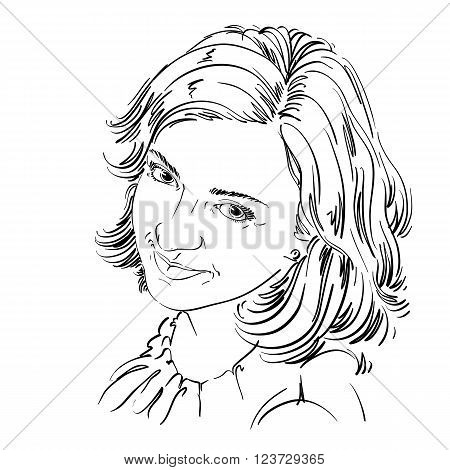 Hand-drawn Vector Illustration Of Beautiful Happy And Pleased Woman. Monochrome Image, Positive Expr