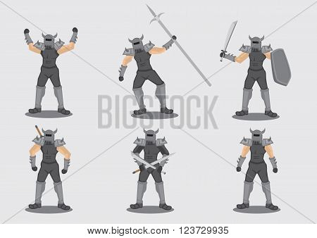 Set of six vector illustrations of medieval warrior game character in metal spiked armor suit with different weapon isolated on grey background.