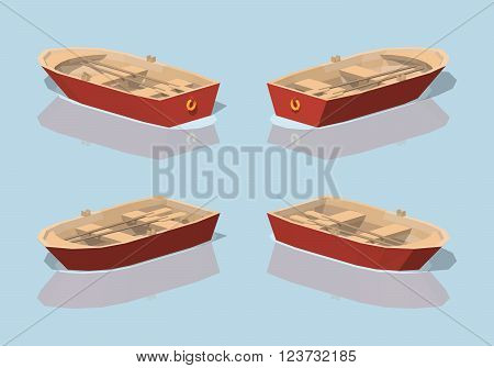 Low poly red punt boat. 3D lowpoly isometric vector illustration. The set of objects isolated against the light-blue background and shown from different sides