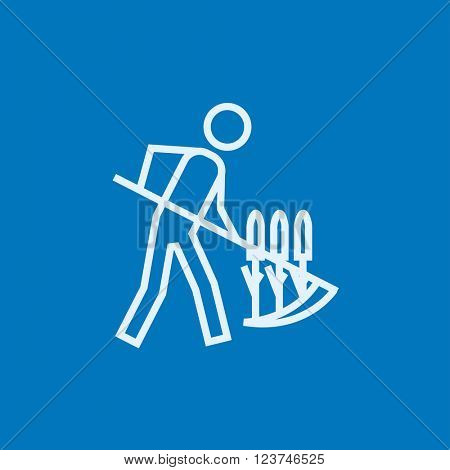 Man mowing grass with scythe line icon.
