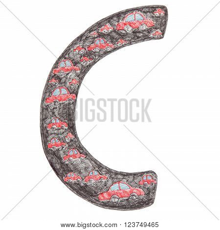 Illustration of letter C filled with colored cars isolated on white
