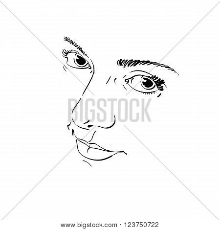 Monochrome Silhouette Of Melancholic  Attractive Lady, Face Features. Hand-drawn Vector Illustration