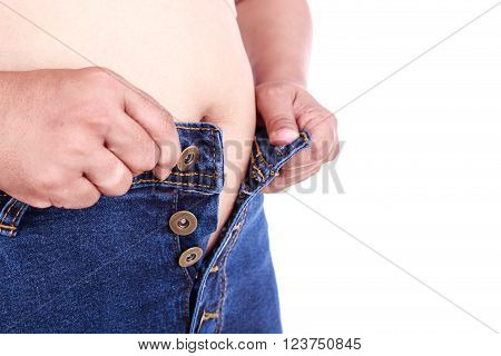 Fat Woman Trying To Wear Jeans : Fat And Healthy Concept