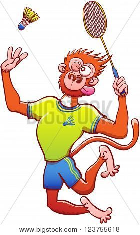 Athletic red monkey with yellow shirt and blue shorts while grabbing a racket, staring at the shuttlecock and preparing for a vigorous vertical jump smash in a badminton match