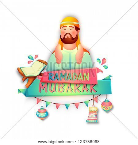 Glossy illustration of religious arabian man reading Namaz (Muslims Prayer) with other Islamic ornaments for Holy Month, Ramadan Mubarak.