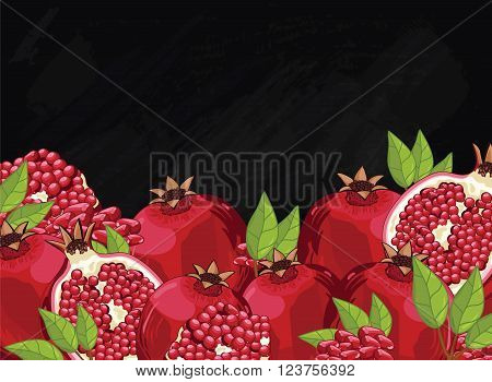 Pomegranate on chalkboard background. Pomegranate composition, plants and leaves. Organic fruit. Summer fruit. Fruit background for packaging design. Pomegranate fruit with green leaf. Ripe fruit.