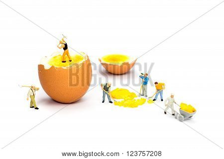 Team of miniature construction workers figurines transporting chicken egg yolk