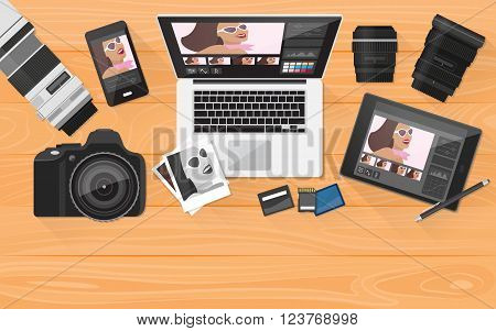 Professional photographer equipment on a desk photo editing and shooting concept banner with copy space