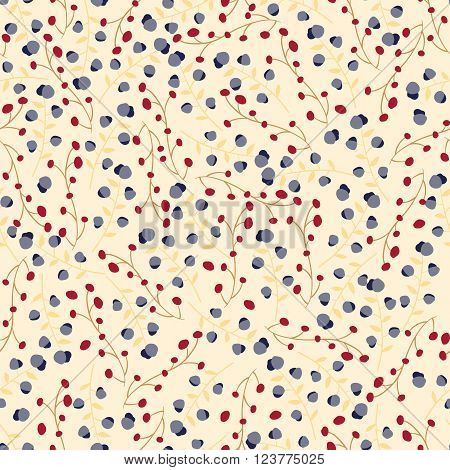 Vector floral pattern in doodle style with flowers and leaves. Berries on a dark background. Seamless pattern can be used for fills web page background surface textures.