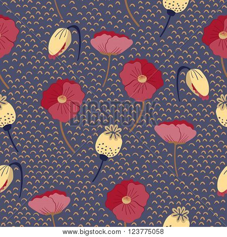 Vector floral pattern in doodle style with flowers and leaves. Poppies on a dark background. Seamless pattern can be used for pattern fills web page background surface textures.