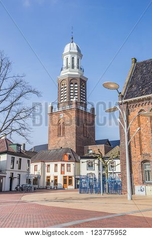 WINSCHOTEN, NETHERLANDS - MARCH 26, 2016: Church tower at the market square in Winschoten, Holland