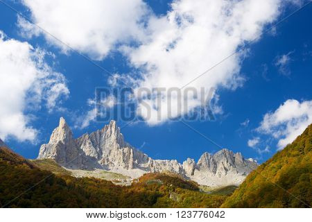 Peaks in Lescun Cirque. On the left Petite Aiguille Ansabere and to the right Grand Aiguille Ansabere. Aspe Valley, Pyrenees, France.