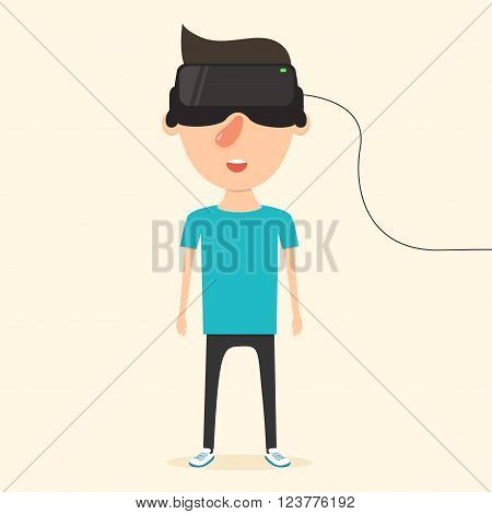 Man with glasses of virtual reality. The future has arrived. Cartoon style. Flat design. Vector illustration