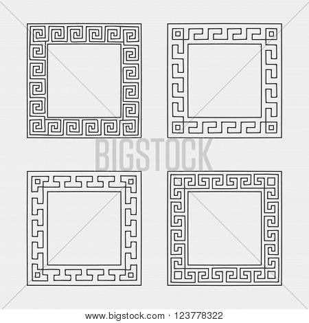 Vector set of four Square meander frames. Greek hand drawn border for banner, card, invitation, postcard, label, poster, emblem and other design elements. Vector isolated illustration.