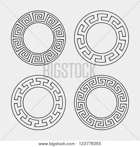 Vector set of four round meander frames. Greek hand drawn border for banner, card, invitation, postcard, label, poster, emblem and other design elements. Vector isolated illustration.